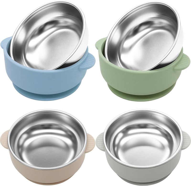 JVEOO 4 Pack Stainless Steel Baby Bowls with Suction, 2-in-1 SUS304 Toddlers Bowl & Removable Silicone Suction Kids Bowl Anti Scald Non Toxic Snack Container for Baby Food Feeding - Image 1